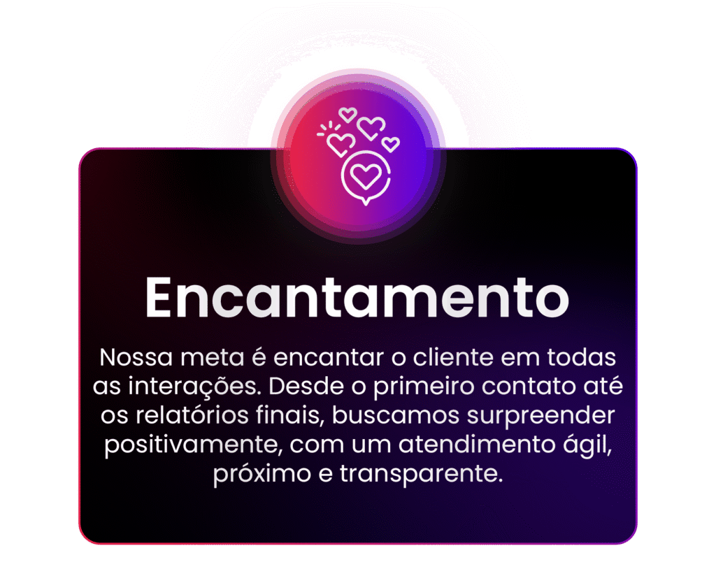 Nossa meta é encantar o cliente em todas as interações. Desde o primeiro contato até os relatórios finais, buscamos surpreender positivamente, com um atendimento ágil, próximo e transparente.